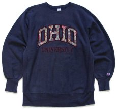 画像1: 90s USA製 Championチャンピオン OHIO UNIVERSITY アップリケ&刺繍 リバースウィーブ スウェット ナス紺 XL (1)