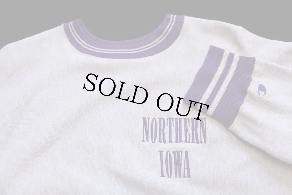 画像3: 90s USA製 Championチャンピオン NORTHERN IOWA 刺繍 リブライン リバースウィーブ スウェット カスタム 杢グレー×紫 XXL★特大 (3)