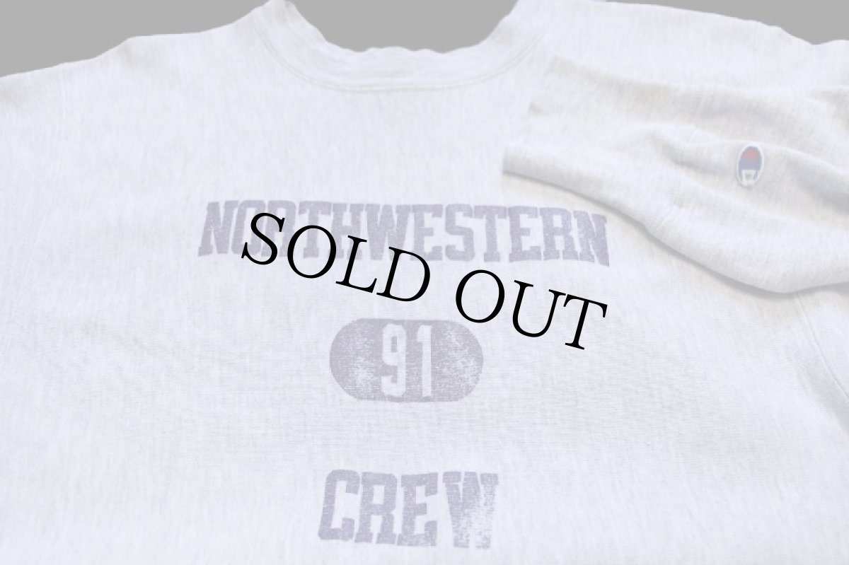 画像3: 90s USA製 Championチャンピオン NORTHWESTERN 91 CREW 三段中抜き 両面ひび割れプリント リバースウィーブ スウェット 杢グレー XL (3)