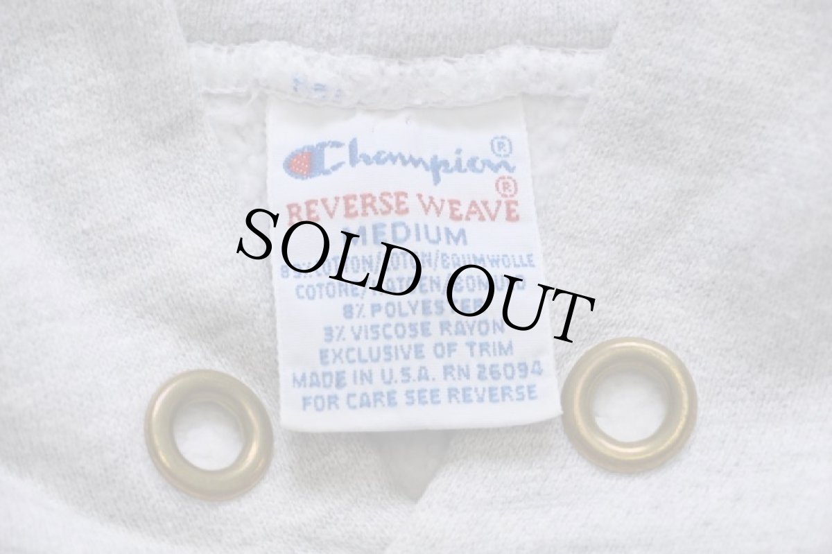 画像4: 90s USA製 Championチャンピオン ワンポイント リブライン リバースウィーブ スウェットパーカー 杢グレー×黒 M (4)