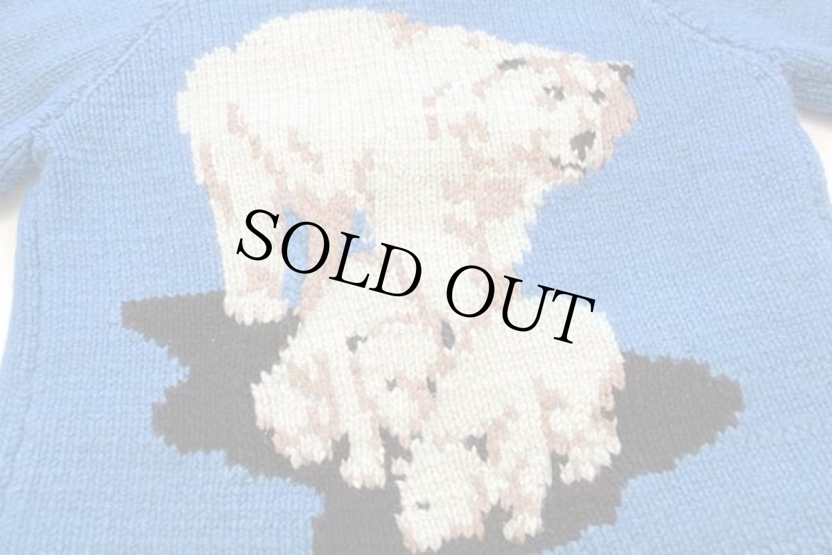 画像3: 80s シロクマ柄 ハンドニット ウール カウチンセーター 青 (3)