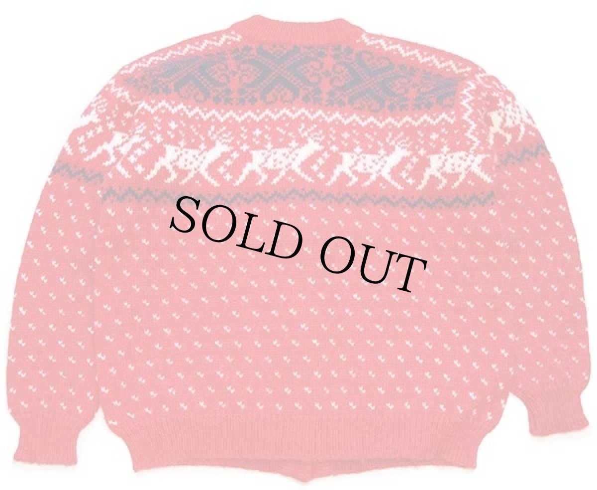 画像2: 80s ノルウェー製 DALE OF NORWAY 鹿柄 ノルディック柄 ウールニット カーディガン 赤 L 44 (2)