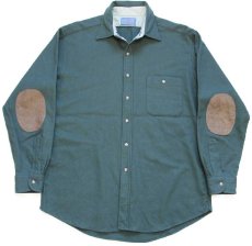 画像1: 80s USA製 PENDLETONペンドルトン 無地 エルボーパッチ付き ウールシャツ 薄緑 L (1)