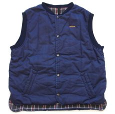 画像1: 90s 英国製 Barbourバブアー D345 TREKKER WAISTCOAT ロゴ刺繍 タータンチェックライナー キルティング トレッカーベスト 紺 XL (1)