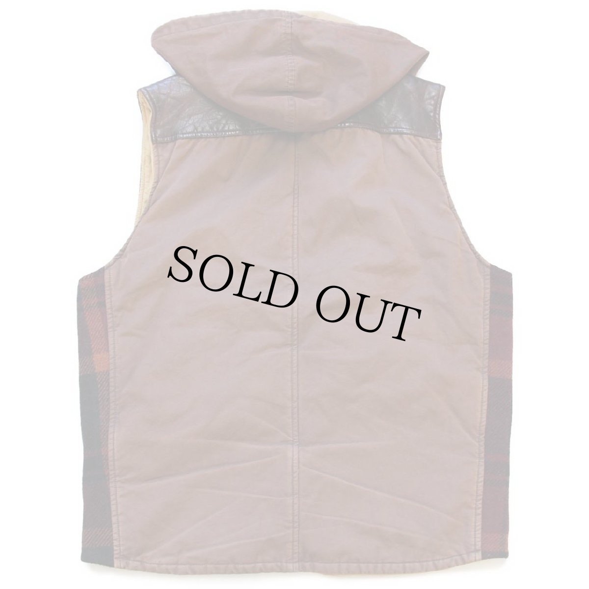 画像2: 90s イタリア製 Marlboro Classics レザーヨーク チェック×無地 切り替え チンスト&フード付き ウール×アルパカ混 ベスト 46 (2)