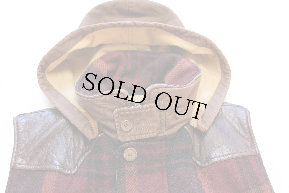 画像3: 90s イタリア製 Marlboro Classics レザーヨーク チェック×無地 切り替え チンスト&フード付き ウール×アルパカ混 ベスト 46 (3)