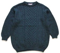 画像1: スコットランド製 highland home ケーブル編み ウールニット セーター 緑×紺 ミックス L★フィッシャーマン (1)