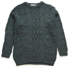 画像1: スコットランド製 west highland woollens ケーブル編み ネップ入り ウールニット セーター グリーン S★フィッシャーマン (1)