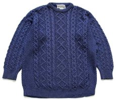 画像1: アイルランド製 ARAN SWEATER MARKET ケーブル編み メリノウールニット セーター 薄紺 L★フィッシャーマン (1)