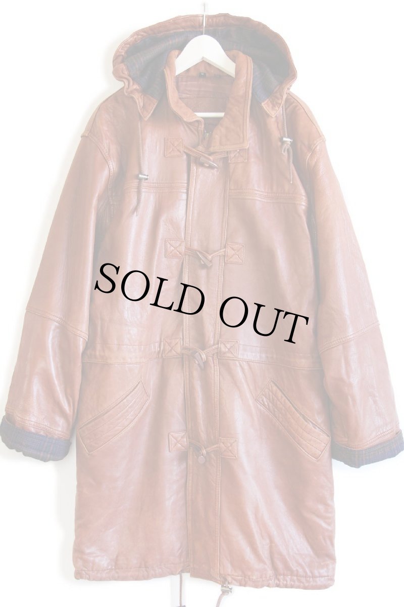 画像2: 90s ALAMO UOMO THERMOLITE 中綿入り フード付き ラムレザー ダッフルコート 茶 (2)