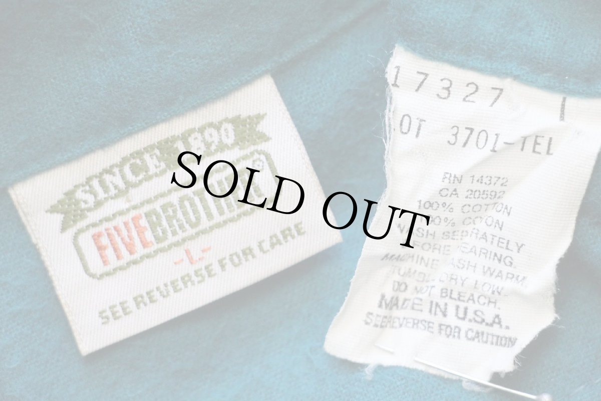 画像4: 90s USA製 FIVE BROTHERファイブブラザー 無地 コットン シャモアクロスシャツ 青緑 L (4)