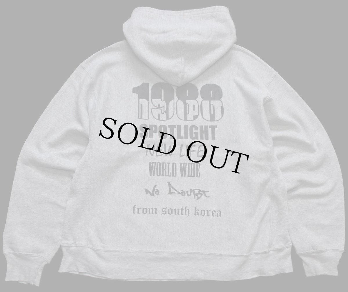 画像2: 00s Championチャンピオン 1988 SPOTLIGHT NEW LIFE WORLD WIDE NO DouBt 両面プリント リバースウィーブ スウェットパーカー 杢グレー L (2)