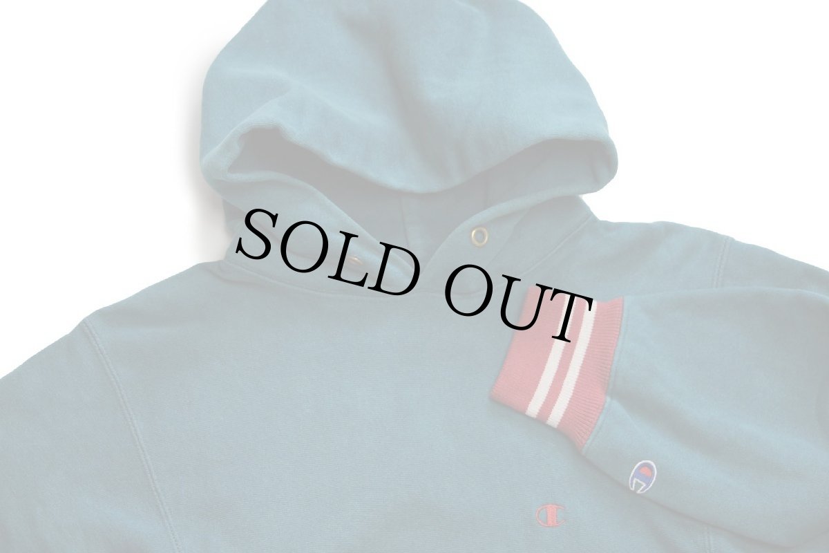 画像3: 90s USA製 Championチャンピオン ワンポイント リブライン リバースウィーブ スウェットパーカー 青緑×薄赤 M (3)