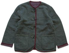 画像1: オーストリア製 UNKNOWN ノーカラー リバーシブル チロリアン ウール混 ジャケット 深緑×ワインレッド ミックス 42 (1)