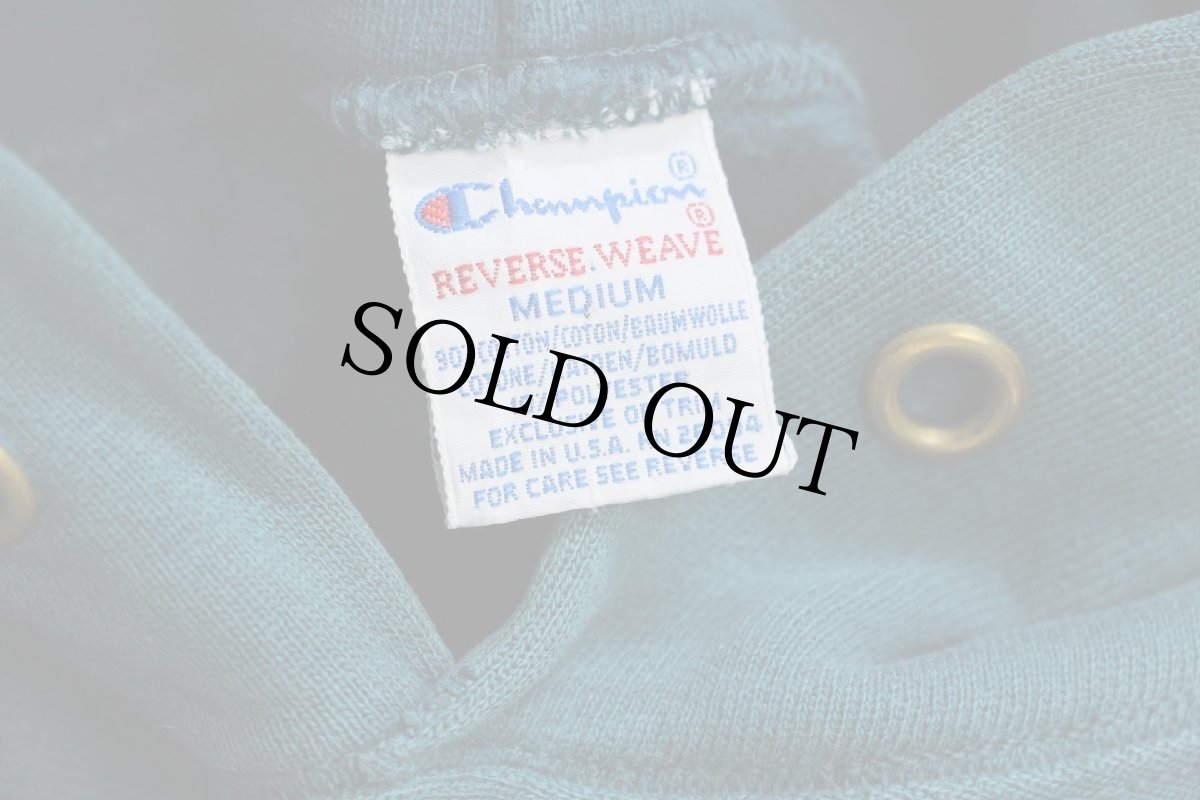 画像4: 90s USA製 Championチャンピオン ワンポイント リブライン リバースウィーブ スウェットパーカー 青緑×薄赤 M (4)