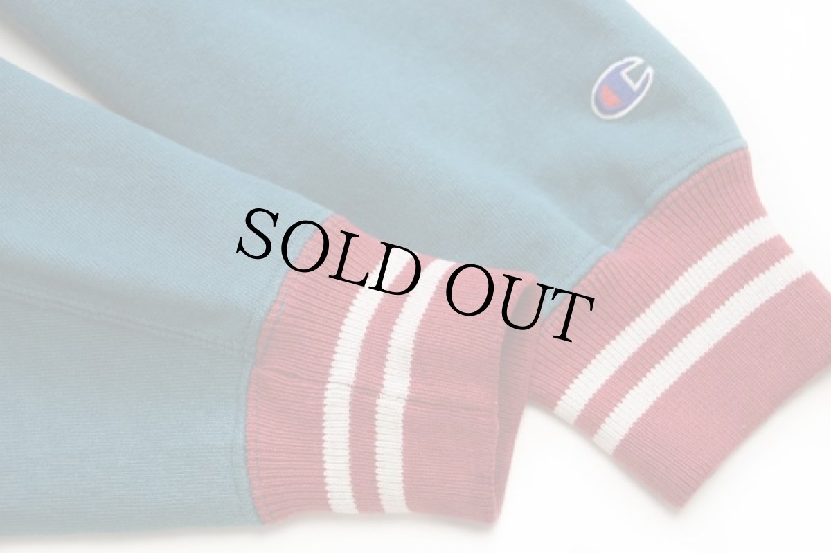 画像6: 90s USA製 Championチャンピオン ワンポイント リブライン リバースウィーブ スウェットパーカー 青緑×薄赤 M (6)