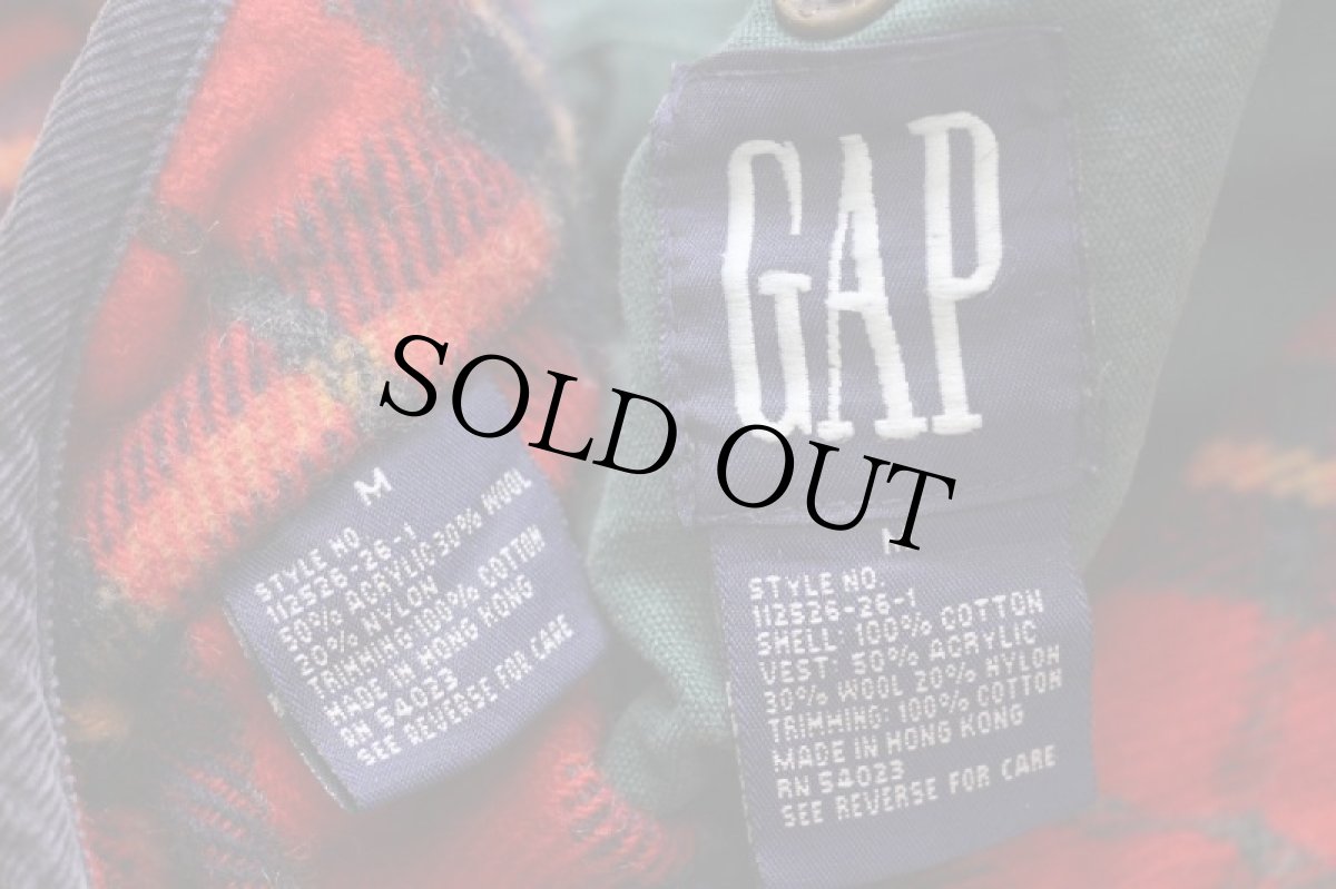 画像4: 90s GAPギャップ スタンドカラー タータンチェック ライナーベスト付き コットン キャンバス フィールドコート 緑 (4)