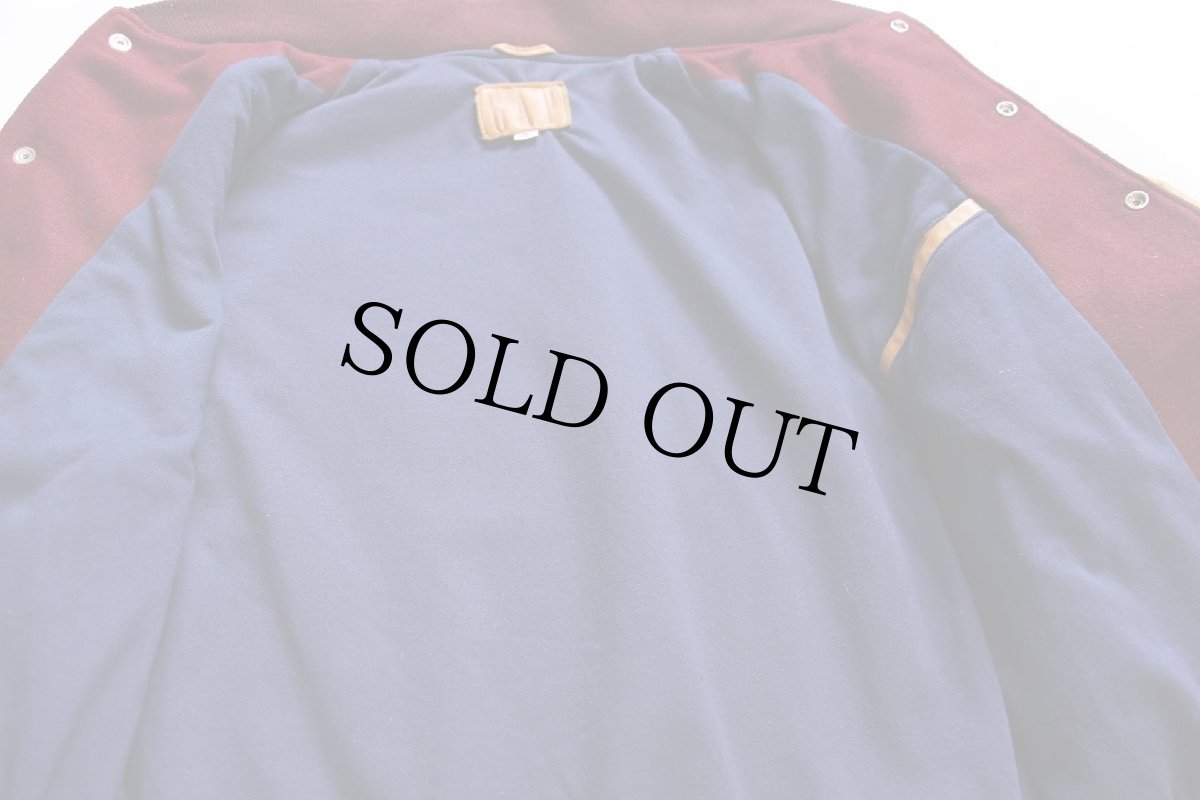 画像5: 80s USA製 GAPギャップ 刺繍入り フード付き メルトン ウール 袖革スタジャン バーガンディ×茶 XL (5)