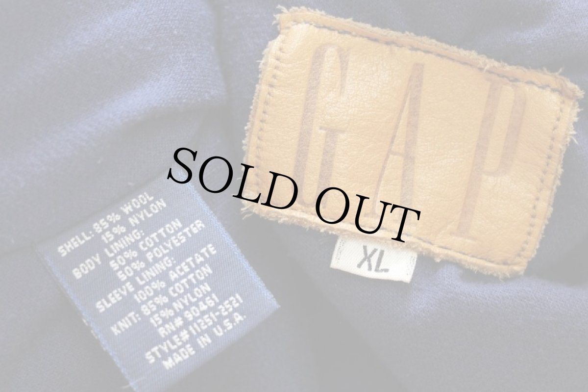 画像4: 80s USA製 GAPギャップ 刺繍入り フード付き メルトン ウール 袖革スタジャン バーガンディ×茶 XL (4)