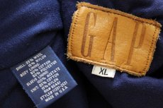 画像4: 80s USA製 GAPギャップ 刺繍入り フード付き メルトン ウール 袖革スタジャン バーガンディ×茶 XL (4)