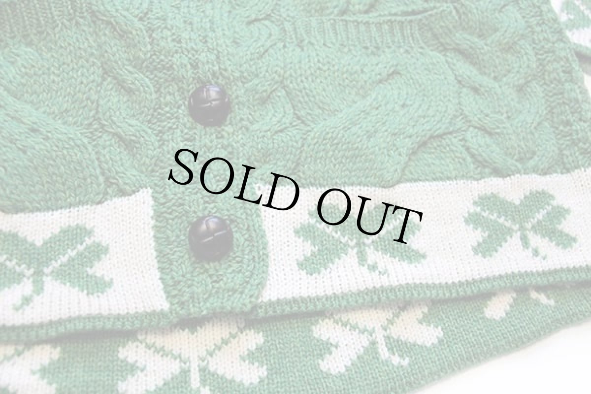 画像6: アイルランド製 aran クローバー柄 ケーブル編み メリノウールニット カーディガン グリーン L★ジャケット (6)