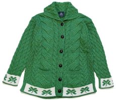 画像1: アイルランド製 aran クローバー柄 ケーブル編み メリノウールニット カーディガン グリーン L★ジャケット (1)