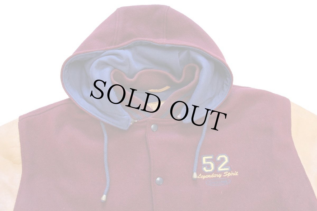 画像3: 80s USA製 GAPギャップ 刺繍入り フード付き メルトン ウール 袖革スタジャン バーガンディ×茶 XL (3)