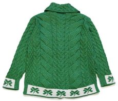画像2: アイルランド製 aran クローバー柄 ケーブル編み メリノウールニット カーディガン グリーン L★ジャケット (2)