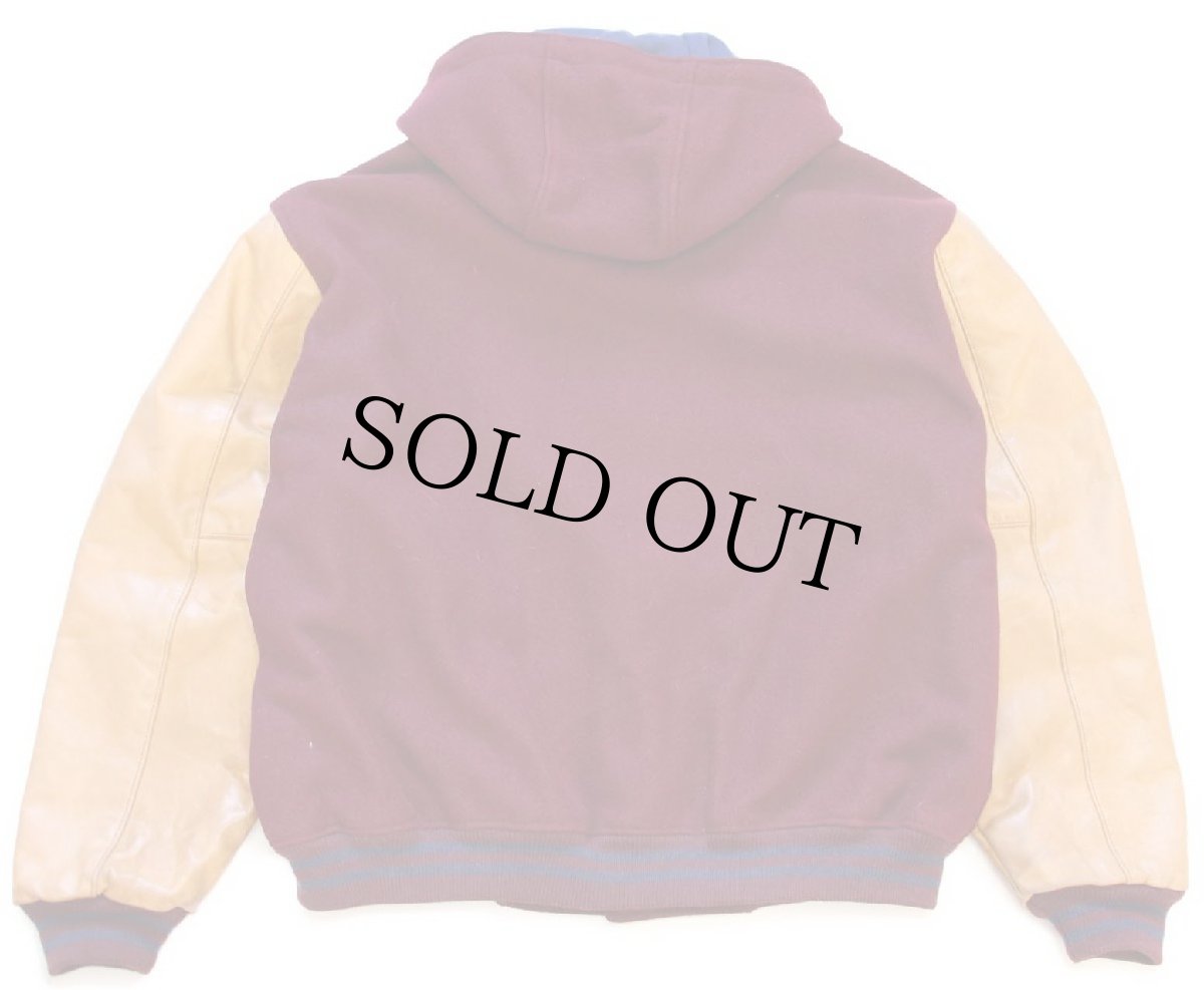 画像2: 80s USA製 GAPギャップ 刺繍入り フード付き メルトン ウール 袖革スタジャン バーガンディ×茶 XL (2)