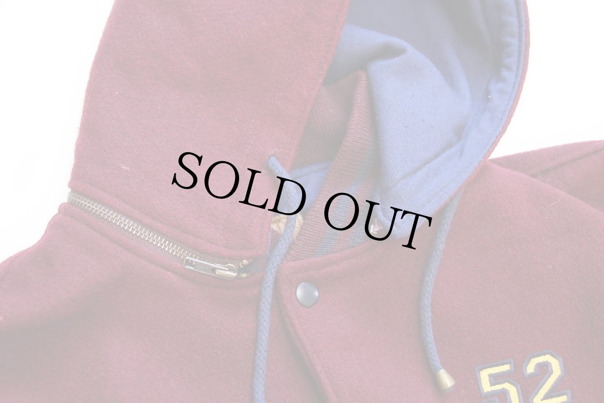 画像6: 80s USA製 GAPギャップ 刺繍入り フード付き メルトン ウール 袖革スタジャン バーガンディ×茶 XL (6)