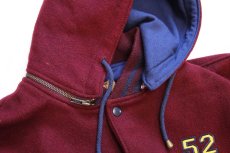画像6: 80s USA製 GAPギャップ 刺繍入り フード付き メルトン ウール 袖革スタジャン バーガンディ×茶 XL (6)