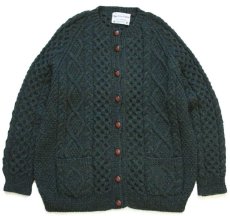 画像1: アイルランド製 Moriarty Industries ノーカラー ケーブル編み ネップ入り ウール ハンドニット カーディガン 深緑★フィッシャーマン (1)