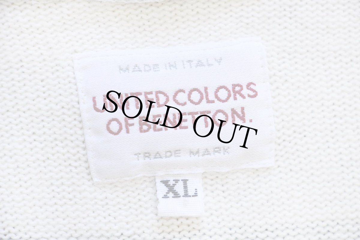 画像4: 90s イタリア製 BENETTONベネトン 刺繍入り 太ボーダー コットン×ウール混 ニット カーディガン 緑×アイボリー XL (4)