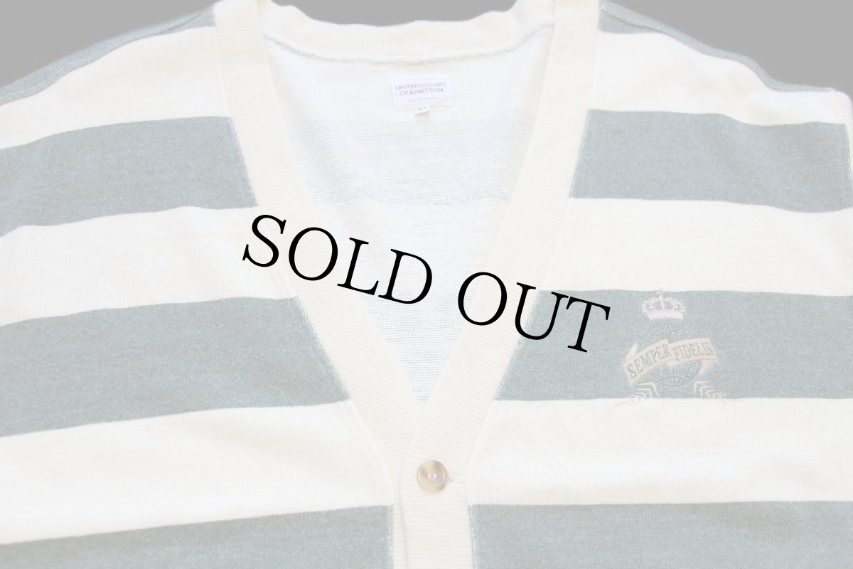 画像3: 90s イタリア製 BENETTONベネトン 刺繍入り 太ボーダー コットン×ウール混 ニット カーディガン 緑×アイボリー XL (3)