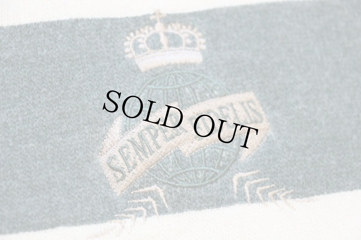 画像5: 90s イタリア製 BENETTONベネトン 刺繍入り 太ボーダー コットン×ウール混 ニット カーディガン 緑×アイボリー XL (5)