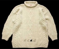 画像1: アイルランド製 Irish Homecraft 羊 刺繍 ロールネック ケーブル編み ウールニット セーター ナチュラル M★フィッシャーマン (1)