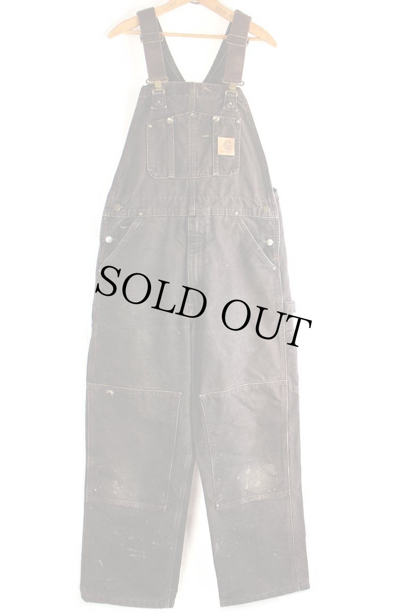 画像2: 00s メキシコ製 carharttカーハート ダック地 ダブルニー オーバーオール ペンキ飛び 焦げ茶 w32 L30 (2)