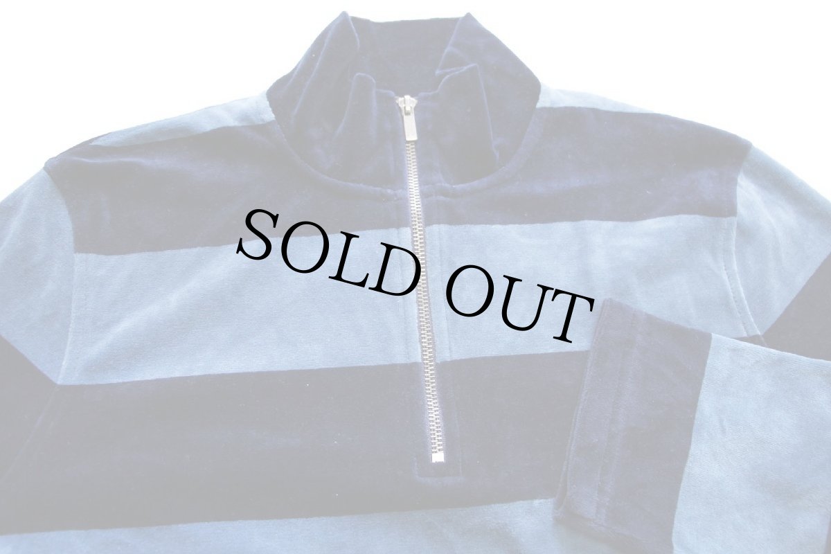 画像3: 00s LAUREN ラルフローレン 太ボーダー ハイネック ハーフジップ ベロア スウェット ネイビー×ブルーグレー L (3)