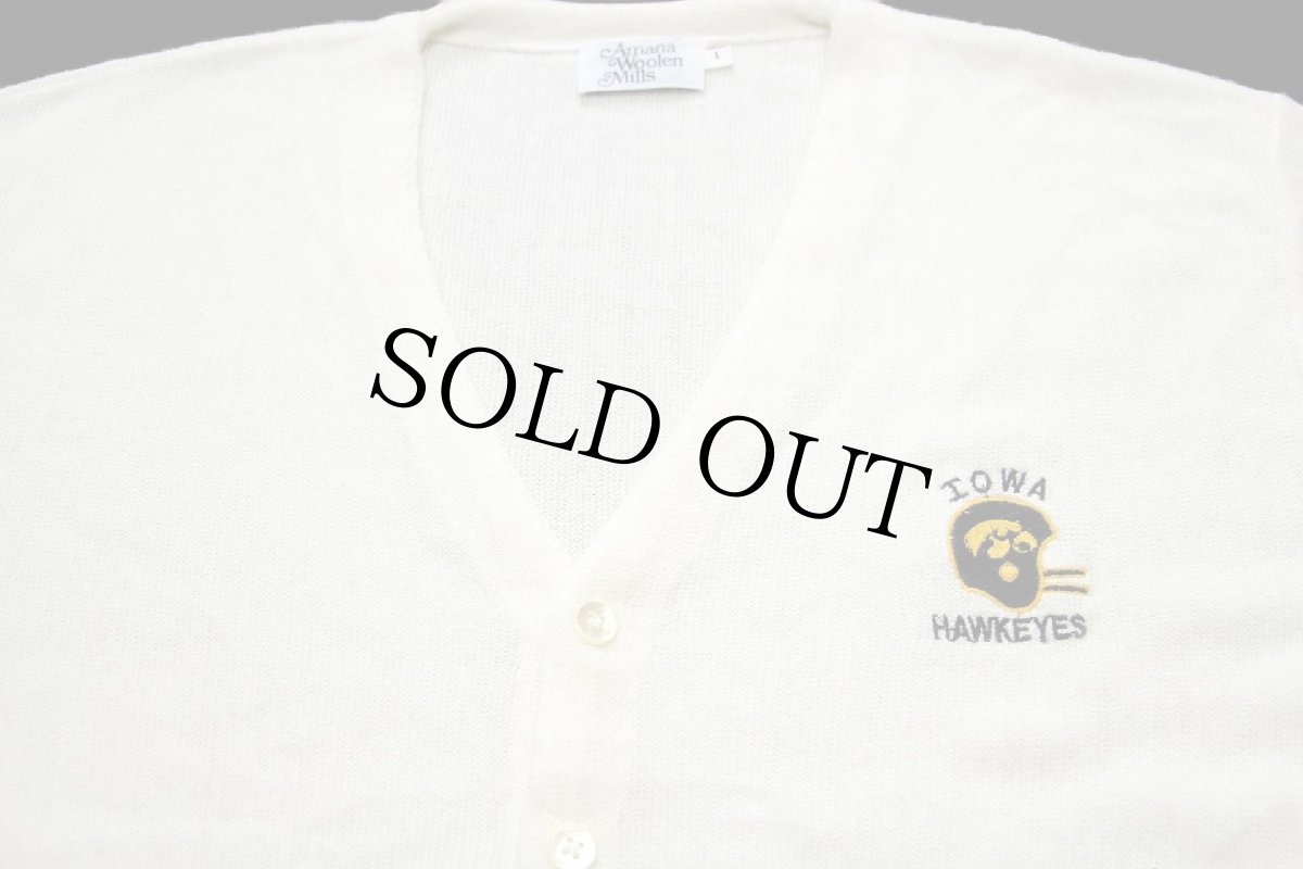 画像3: 90s Amana Woolen Mills IOWA HAWKEYES アメフト 刺繍 パール編み アクリルニット カーディガン 白 L (3)
