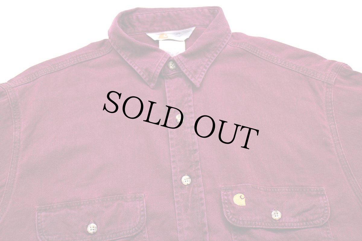 画像3: 80s USA製 carharttカーハート ワンポイント コットンツイル ワークシャツ ワインレッド L (3)