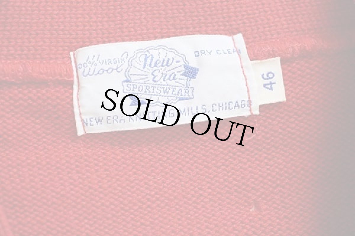 画像4: 60s New Era パッチ付き Vネック ウールニット レタードセーター 赤 46 (4)