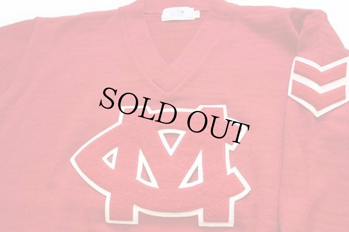 画像3: 60s New Era パッチ付き Vネック ウールニット レタードセーター 赤 46 (3)