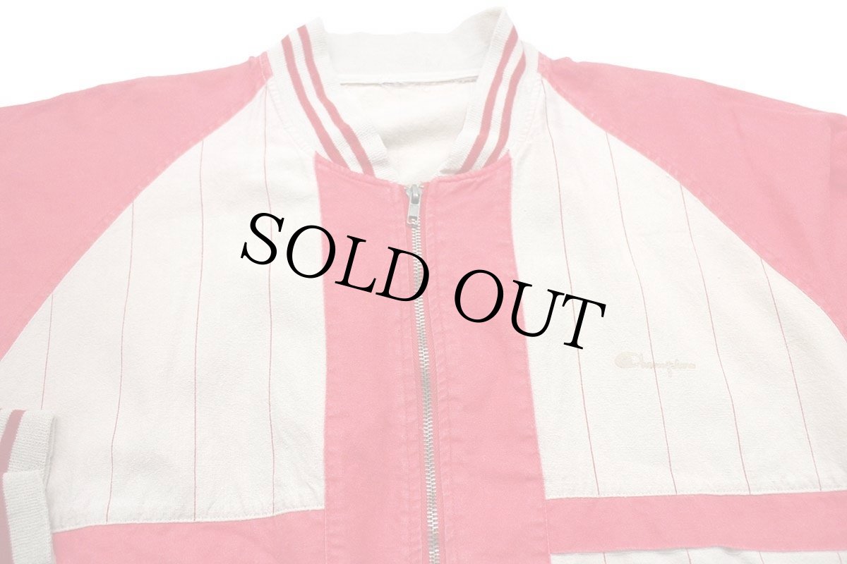 画像3: 90s Championチャンピオン ピンストライプ ツートン コットンジャケット 赤×ベージュ★スタジャン (3)