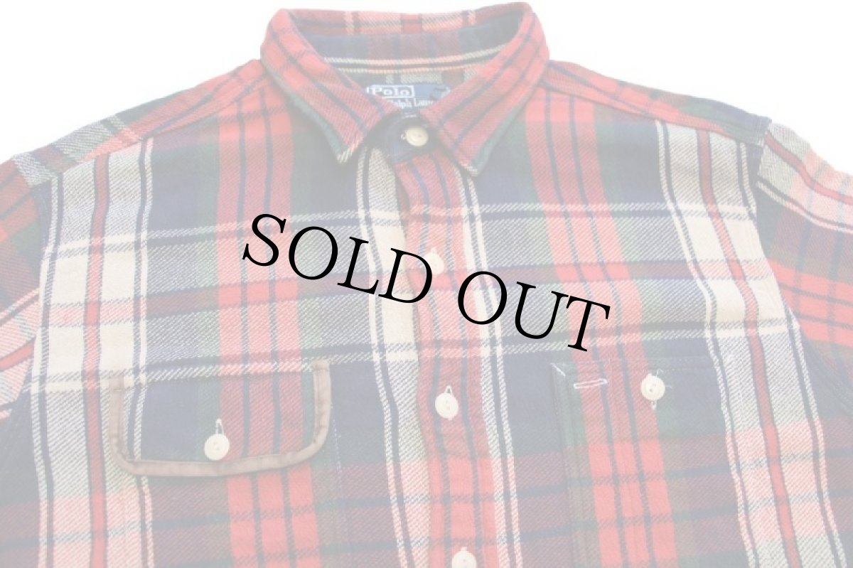 画像3: 00s ポロ ラルフローレン マドラスチェック エルボーパッチ コットン フランネルシャツ ダメージ XL★インド綿 (3)