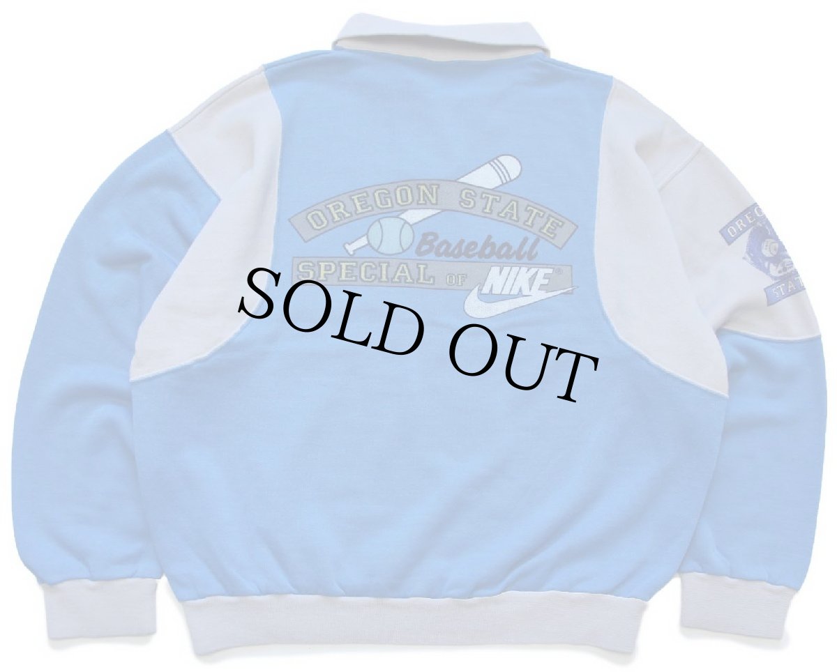 画像2: 80s イタリア製 NIKEナイキ OREGON STATE Baseball ツートン 襟付き スウェット 青×グレー XL (2)