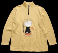 画像1: 90s イタリア製 Charlie Brown チャーリーブラウン 刺繍 モックネック ハーフジップ 鹿の子 スウェット 薄黄★スヌーピー (1)