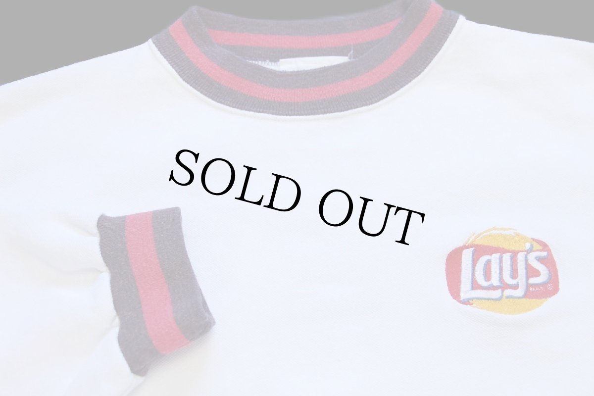 画像3: 90s USA製 Lay's ロゴ刺繍 リブライン 鹿の子 スウェット 白 XL (3)