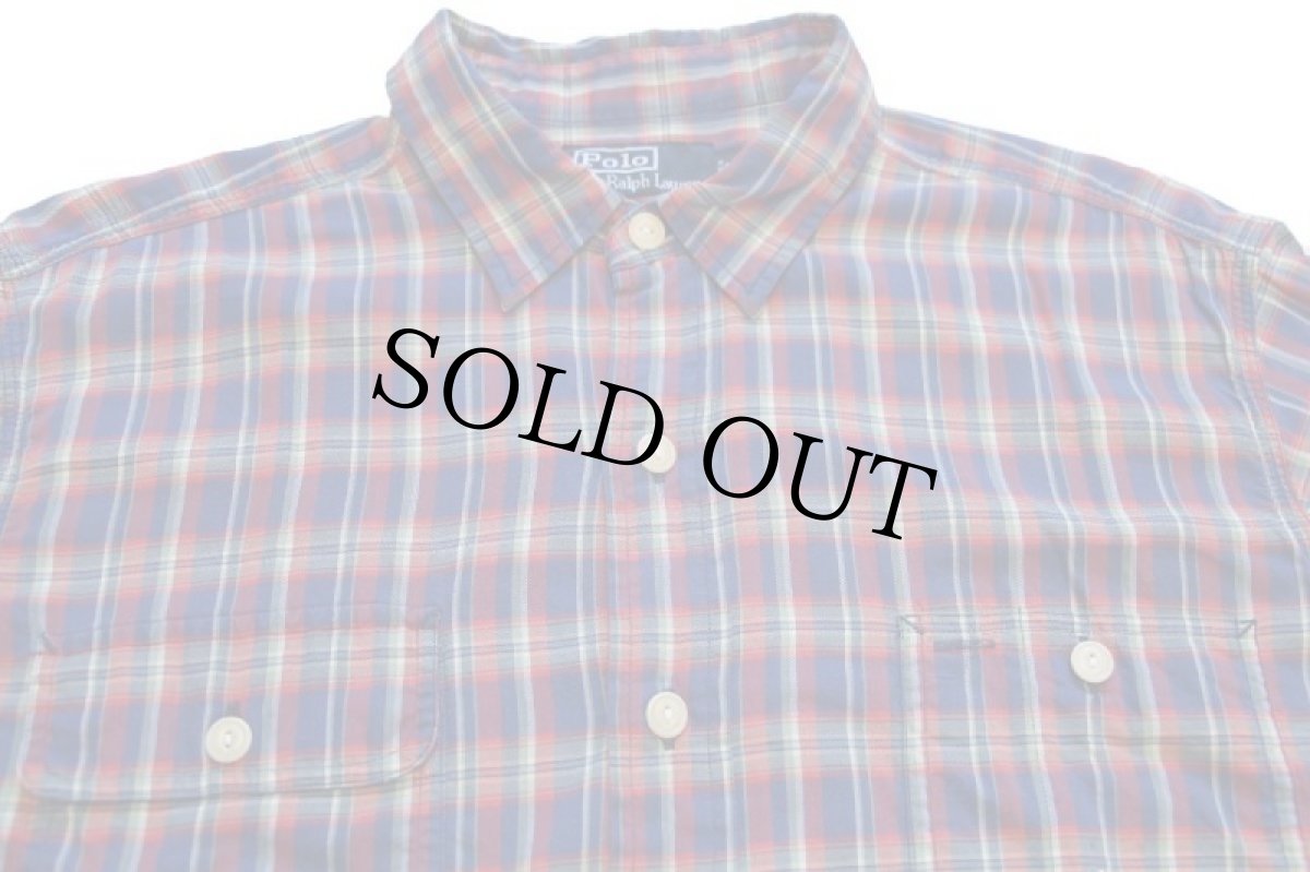 画像3: 00s ポロ ラルフローレン マドラスチェック エルボーパッチ付き コットン ワークシャツ L★インド綿 (3)