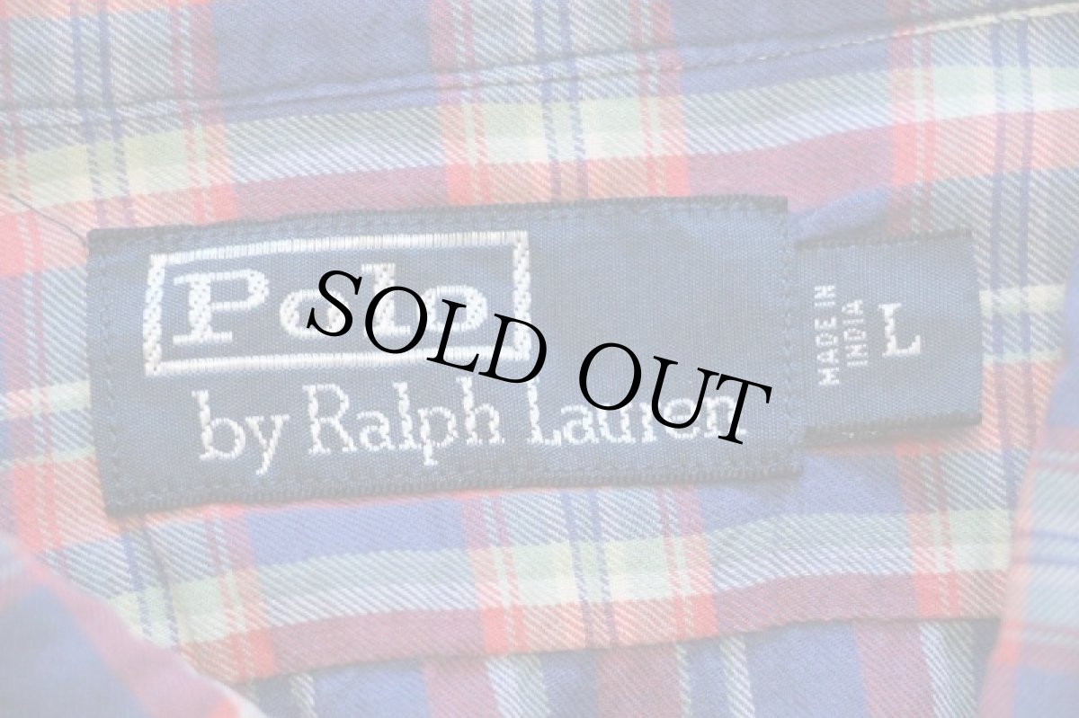 画像4: 00s ポロ ラルフローレン マドラスチェック エルボーパッチ付き コットン ワークシャツ L★インド綿 (4)