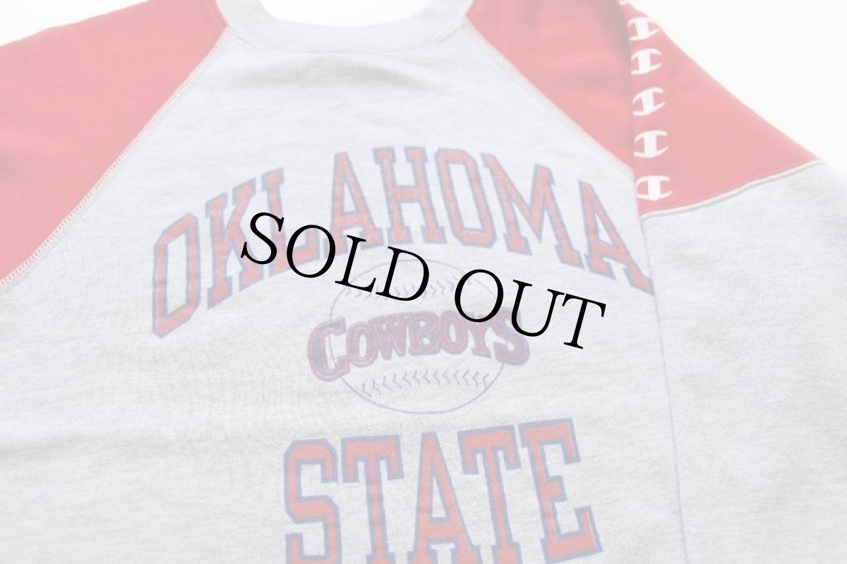 画像3: 80s イタリア製 Championチャンピオン OKLAHOMA STATE COWBOYS ひび割れプリント ツートン スウェット 杢グレー×赤 M (3)